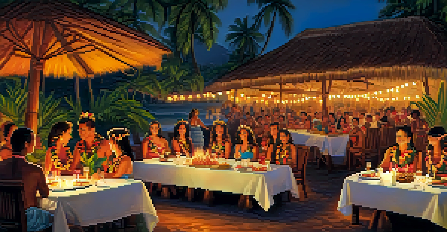 A traditional Hawaiian luau with hula dancers in colorful costumes and a decorated table with tropical food and tiki torches.