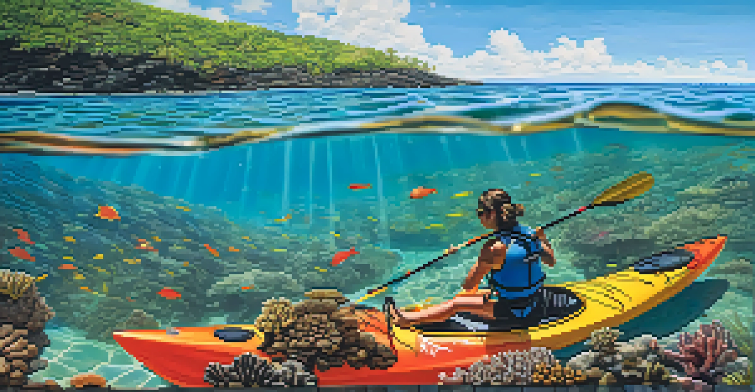 A kayaker paddling in clear waters of Maui, with colorful coral reefs and tropical fish visible beneath the surface, illuminated by sunlight.