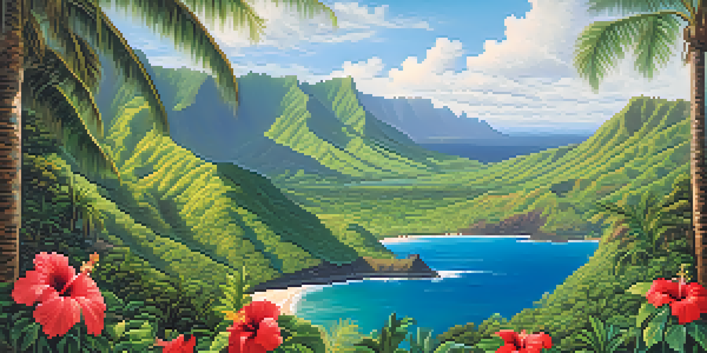 A wide view of Hawaii's green mountains, blue ocean, and bright flowers under a clear sky.