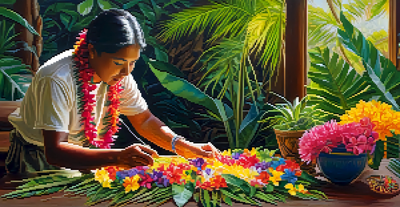 A person creating a colorful Hawaiian lei from flowers and leaves in a tropical garden setting.