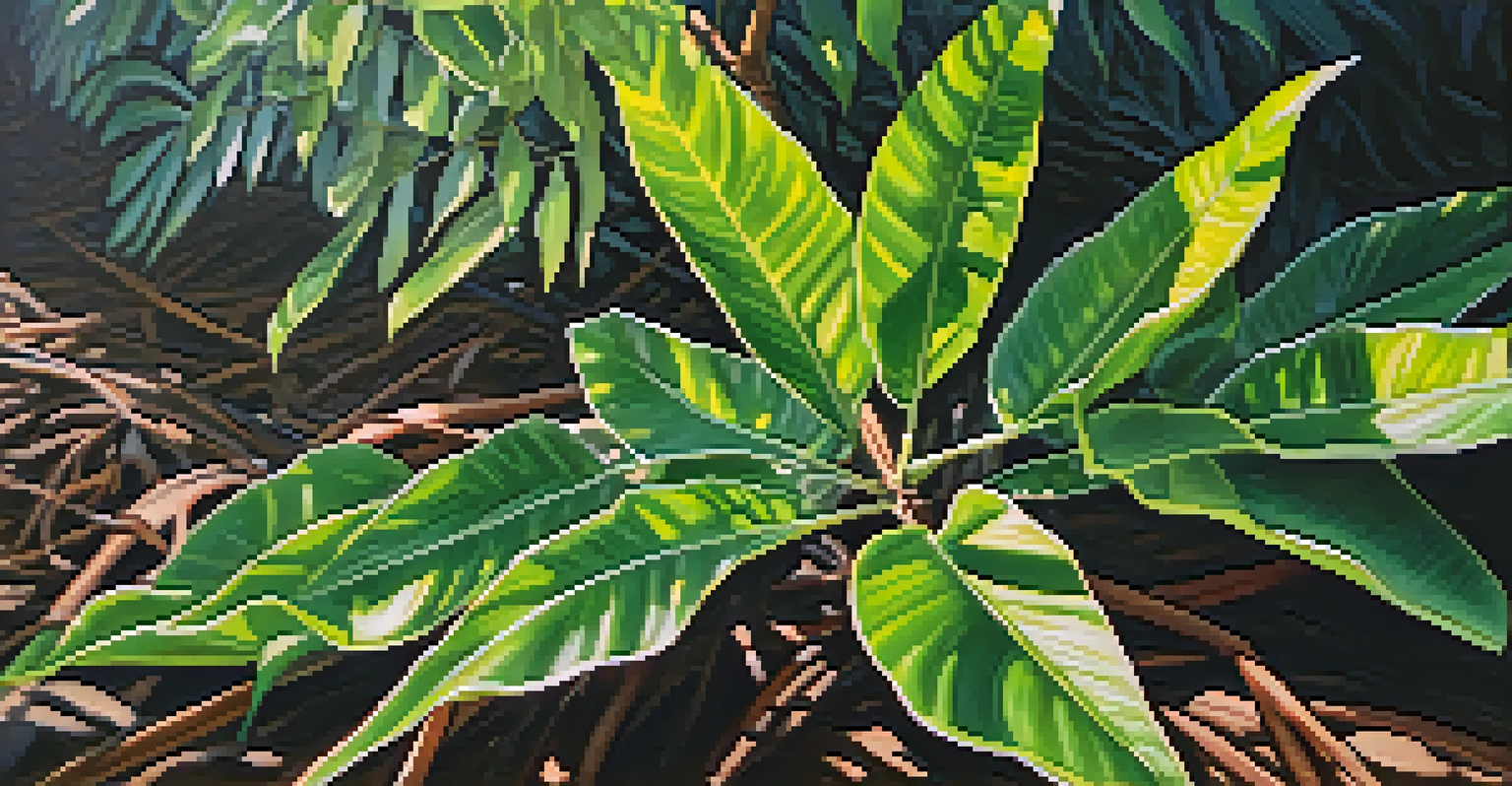 Close-up of a Koa tree with distinctive leaves and textured bark, sunlight filtering through the canopy, surrounded by other native plants.