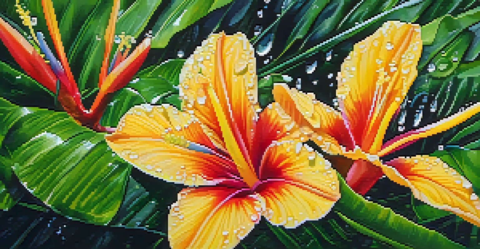Close-up of colorful tropical flowers with raindrops, surrounded by lush green foliage, illustrating Hawaii's biodiversity.
