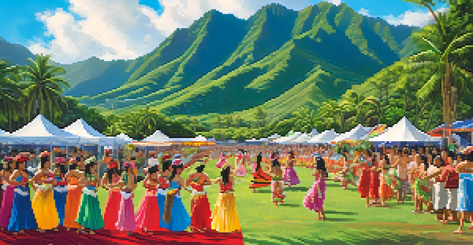 A vibrant Hawaiian cultural festival featuring hula dancers and artisans amidst a picturesque landscape of mountains and blue skies.