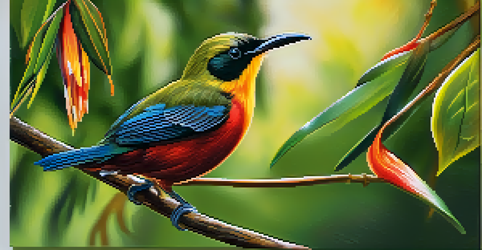 A colorful Hawaiian honeycreeper on a branch with green foliage in the background.