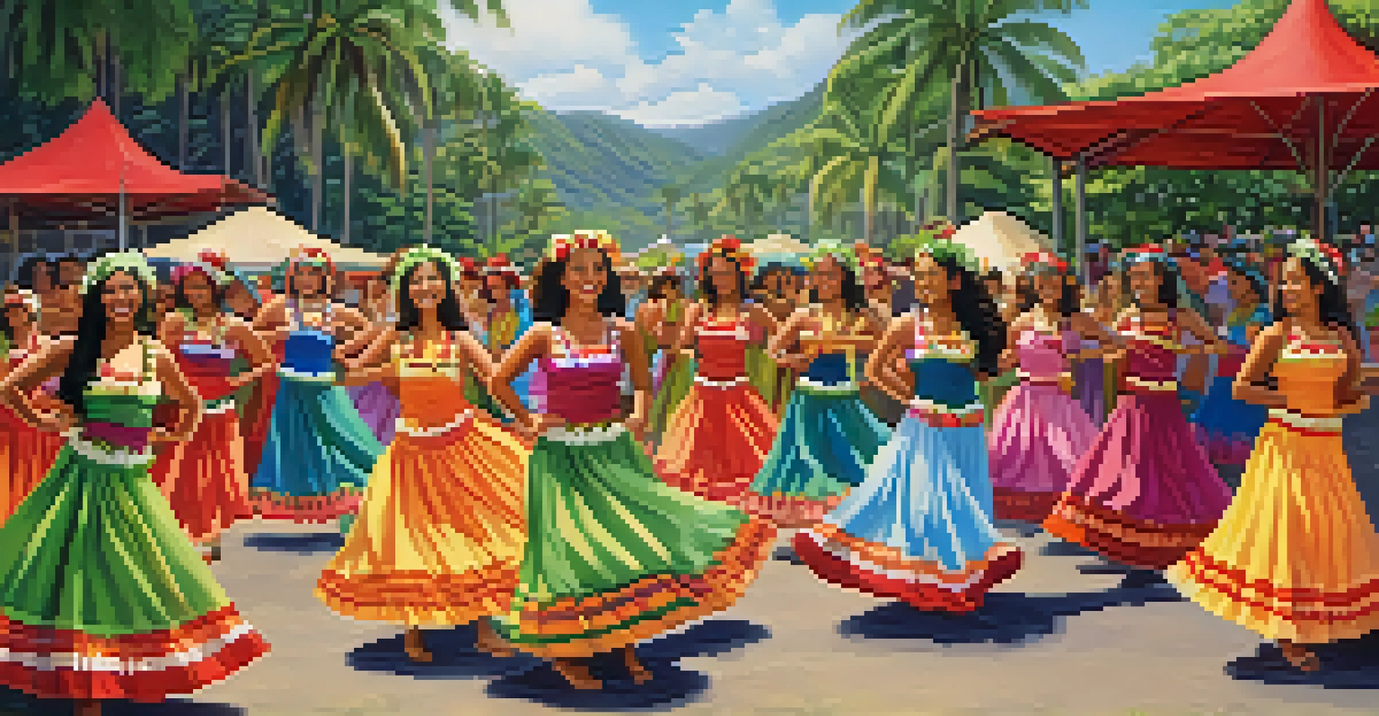 A lively outdoor Hula festival with dancers in colorful costumes, traditional instruments, and a festive atmosphere celebrating Hawaiian culture.