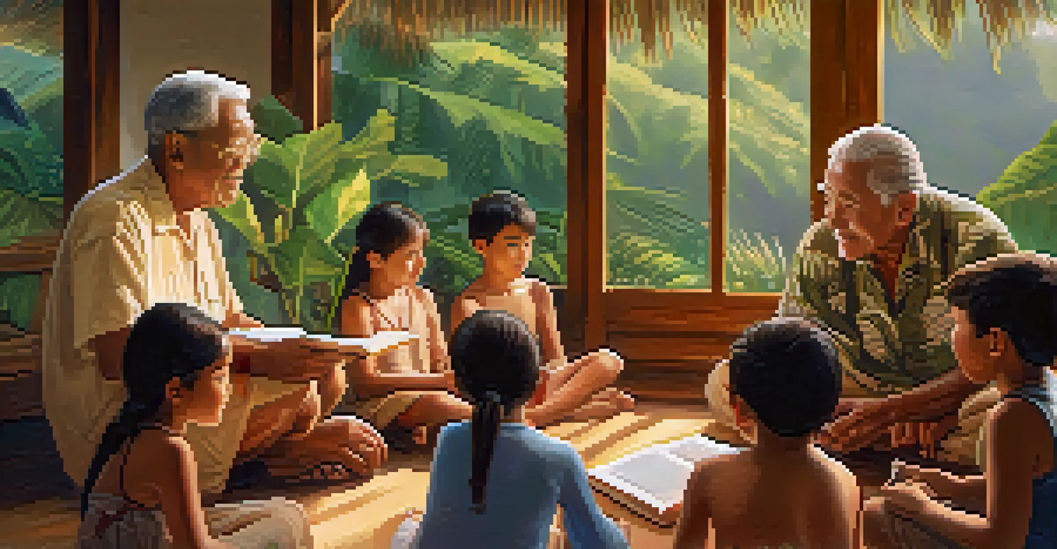 An elder teaching children the Hawaiian language in a cozy home filled with traditional artifacts, with soft natural light creating a warm atmosphere.