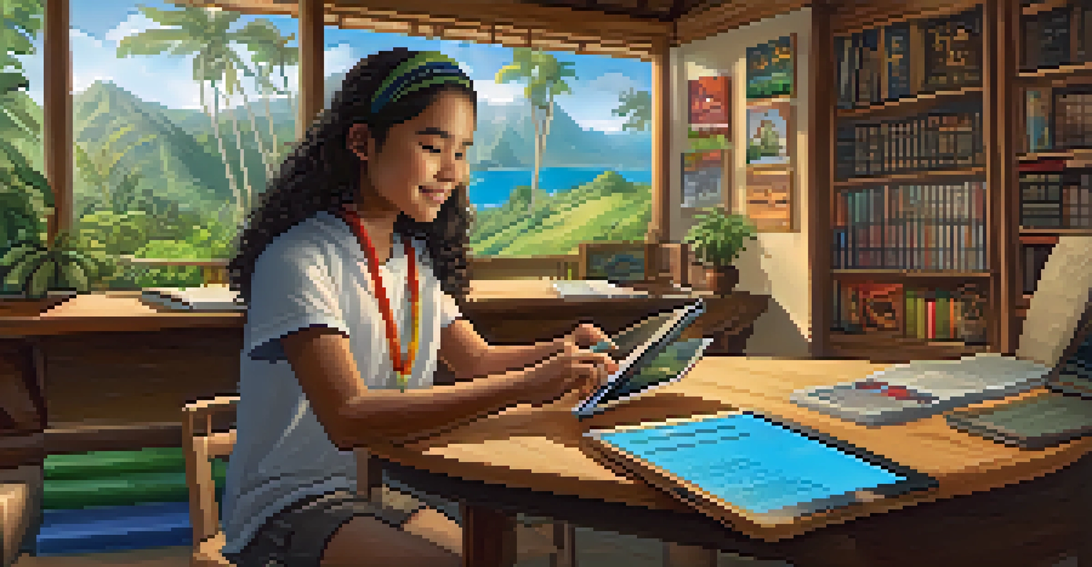 A student engaged with a tablet in a cozy study area, learning Hawaiian language through an interactive educational app.