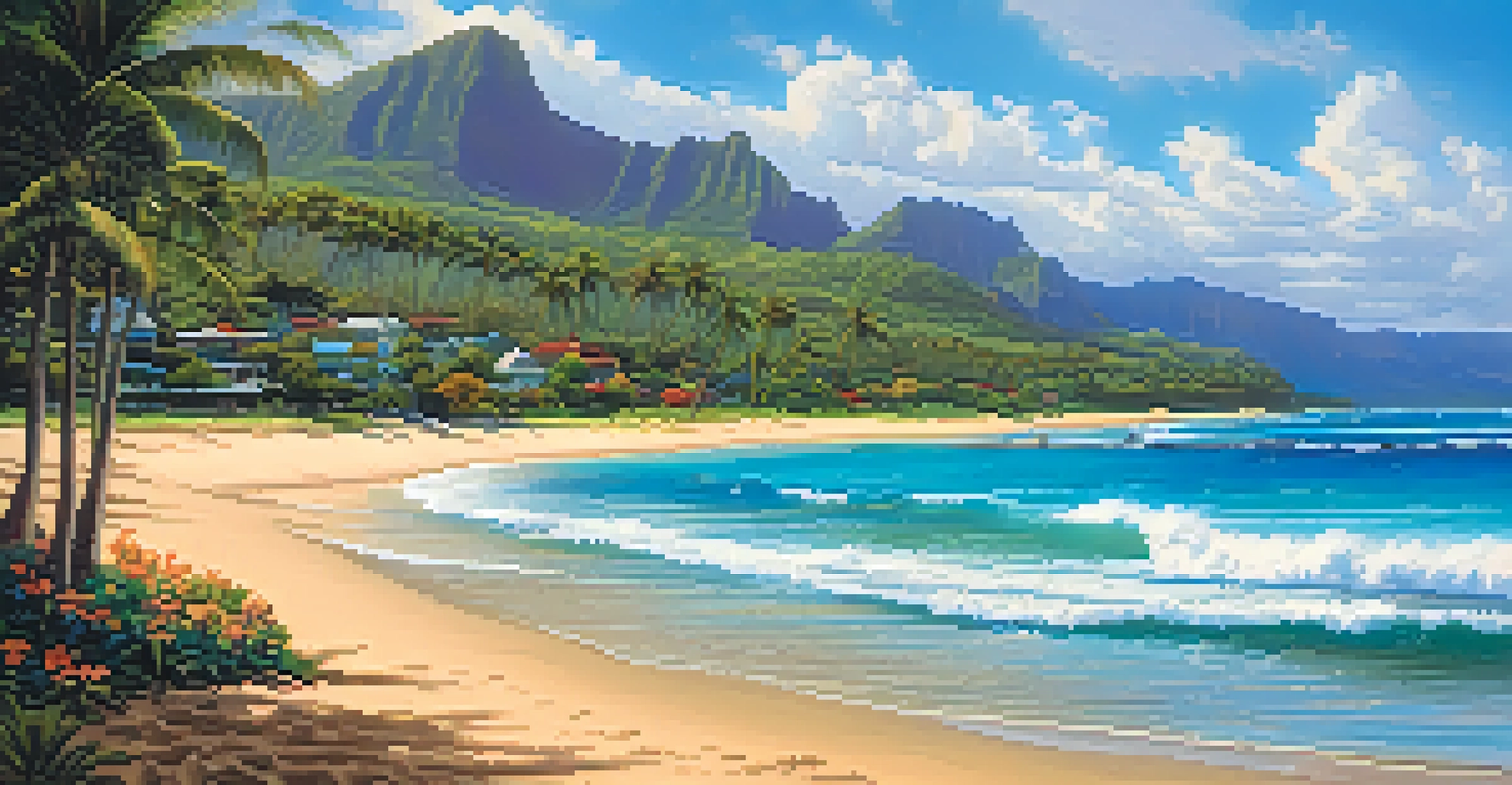 A beautiful beach scene in Kauai with golden sands, turquoise waters, palm trees, and vibrant tropical flowers, under a sunny blue sky.