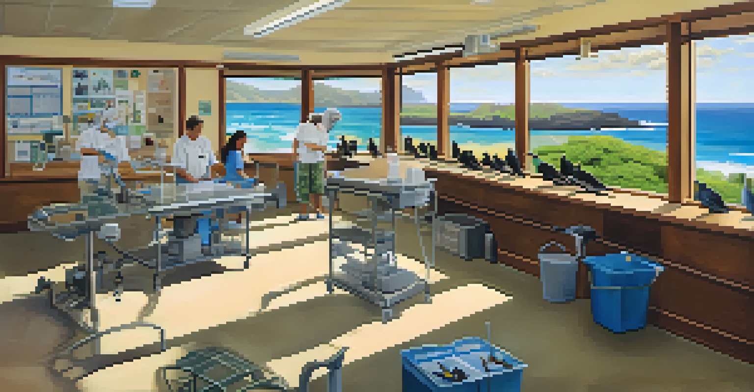 Volunteers in a wildlife rehabilitation center caring for injured seabirds in a bright, welcoming space.