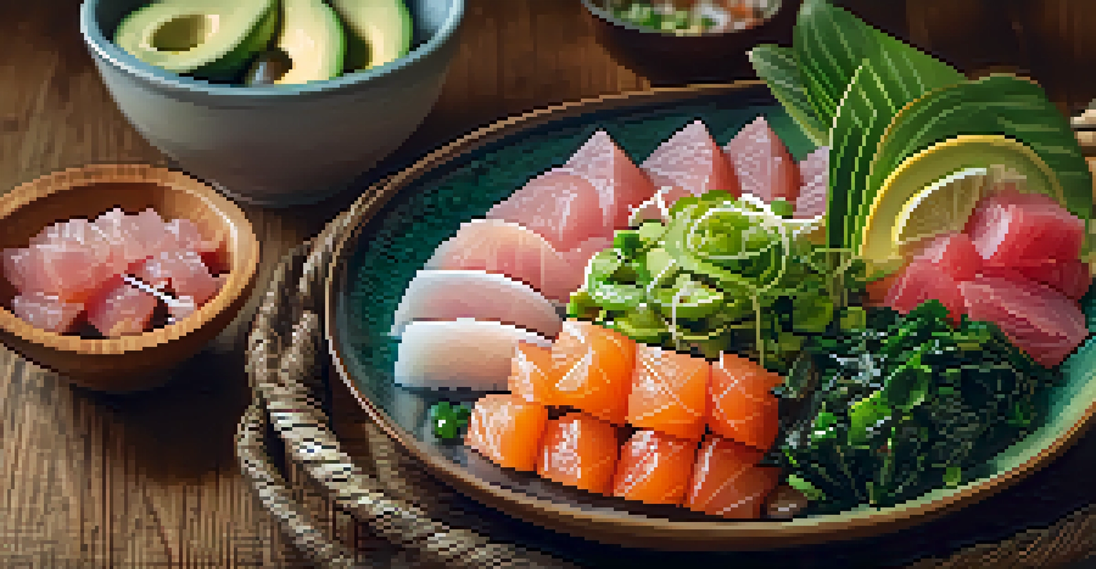 A close-up of a traditional Hawaiian poke dish, showcasing fresh fish, avocado, and seaweed on a rustic wooden table.