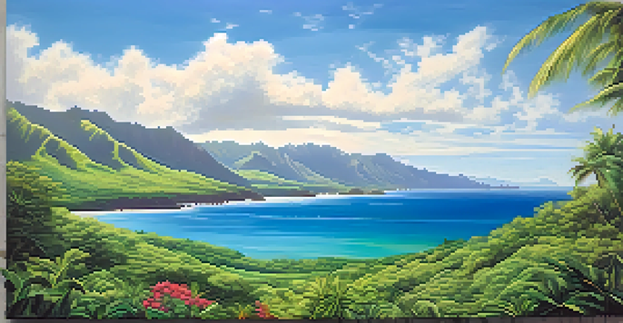 A beautiful Hawaiian landscape with green mountains and a calm ocean under a blue sky with white clouds, illuminated by sunlight.