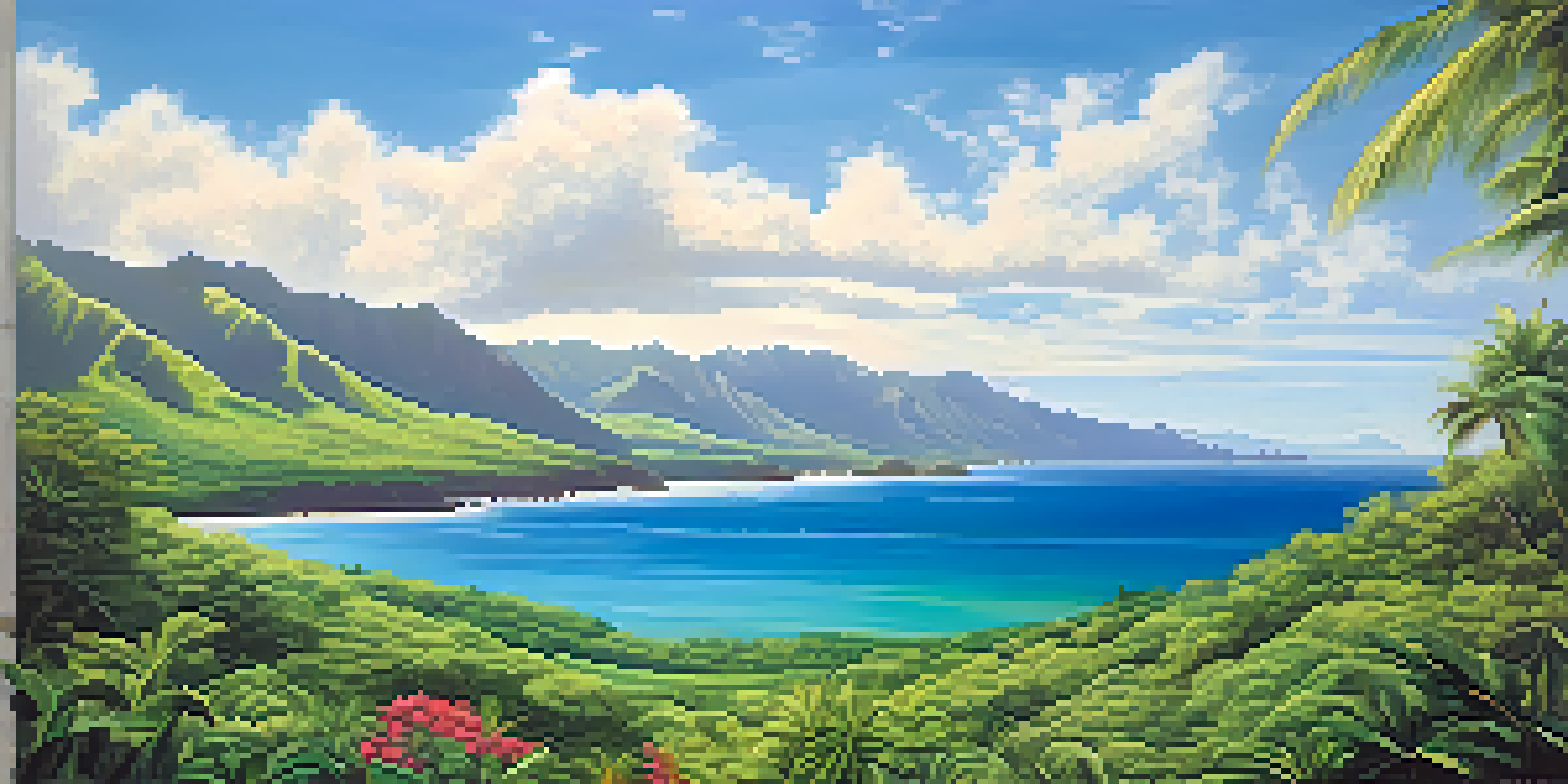 A beautiful Hawaiian landscape with green mountains and a calm ocean under a blue sky with white clouds, illuminated by sunlight.