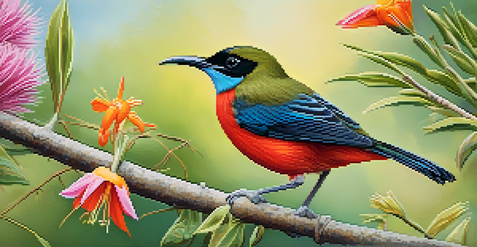 A close-up of a Hawaiian honeycreeper on a branch, with colorful flowers in the background, depicting the connection between birds and native flora.