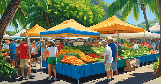 A lively Hawaiian farmer's market filled with fresh fruits and vegetables, with farmers and tourists interacting under sunny skies.