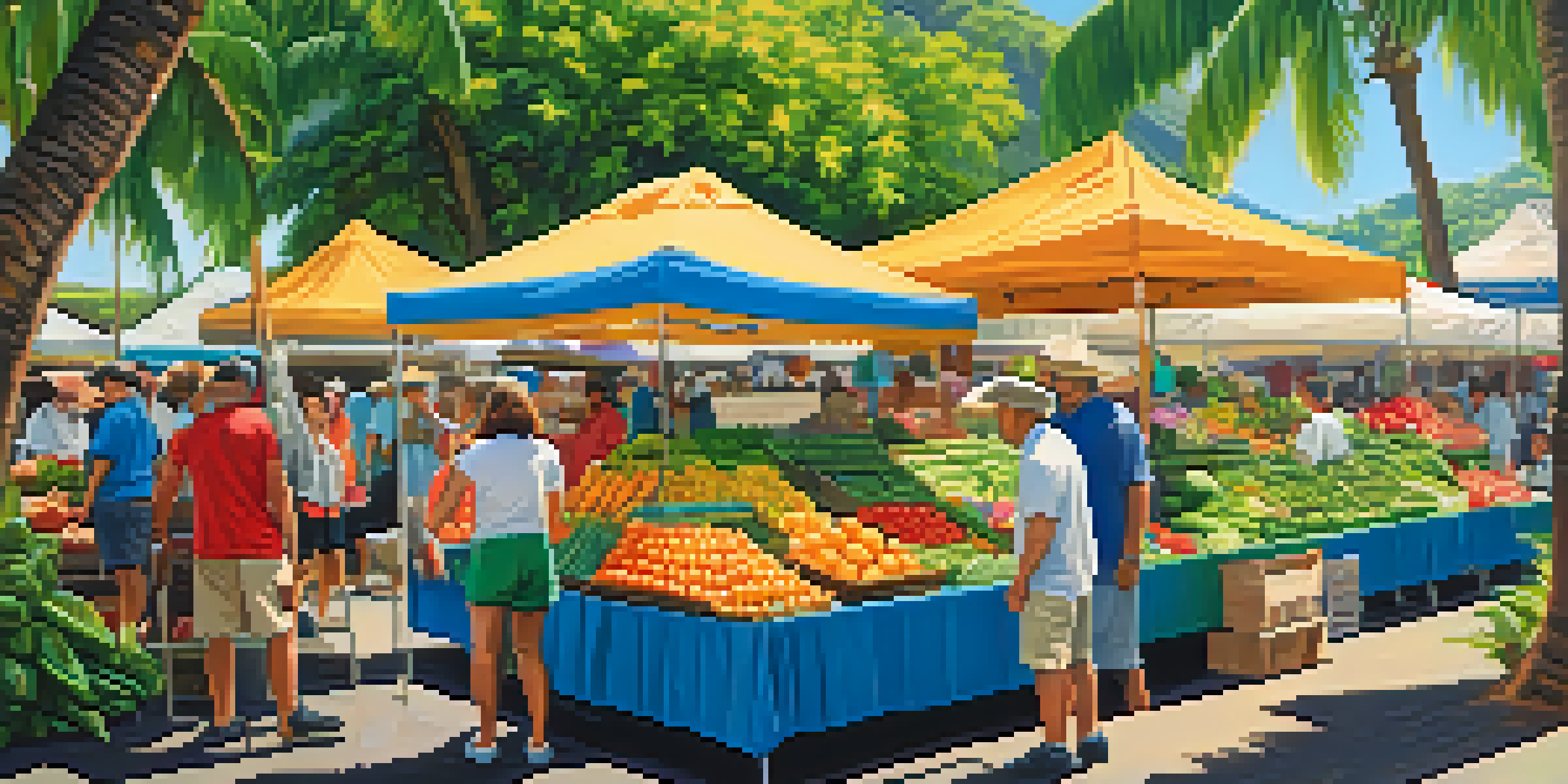 A lively Hawaiian farmer's market filled with fresh fruits and vegetables, with farmers and tourists interacting under sunny skies.