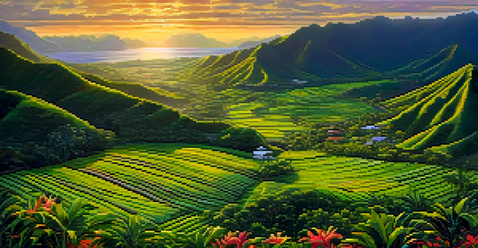 Aerial view of a lush Hawaiian landscape with green fields and a sunset.