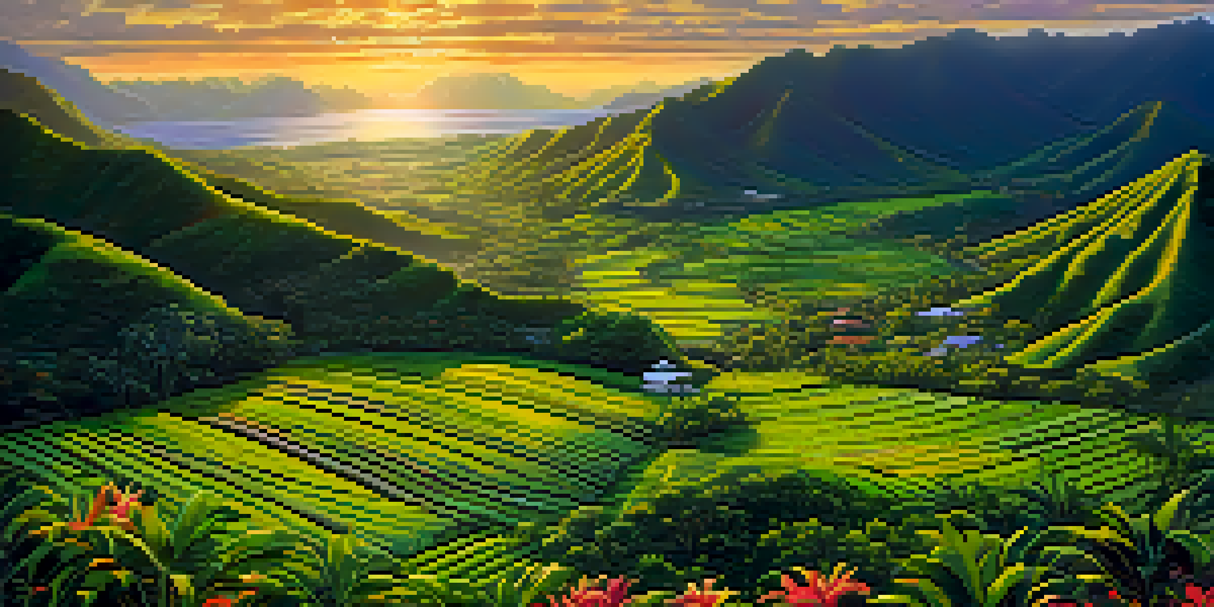 Aerial view of a lush Hawaiian landscape with green fields and a sunset.