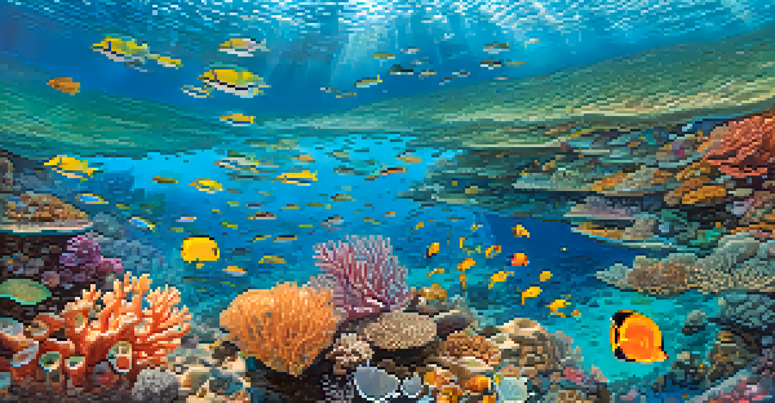 Aerial view of a vibrant coral reef in Hawaii, with clear turquoise waters and diverse marine life visible beneath the surface.