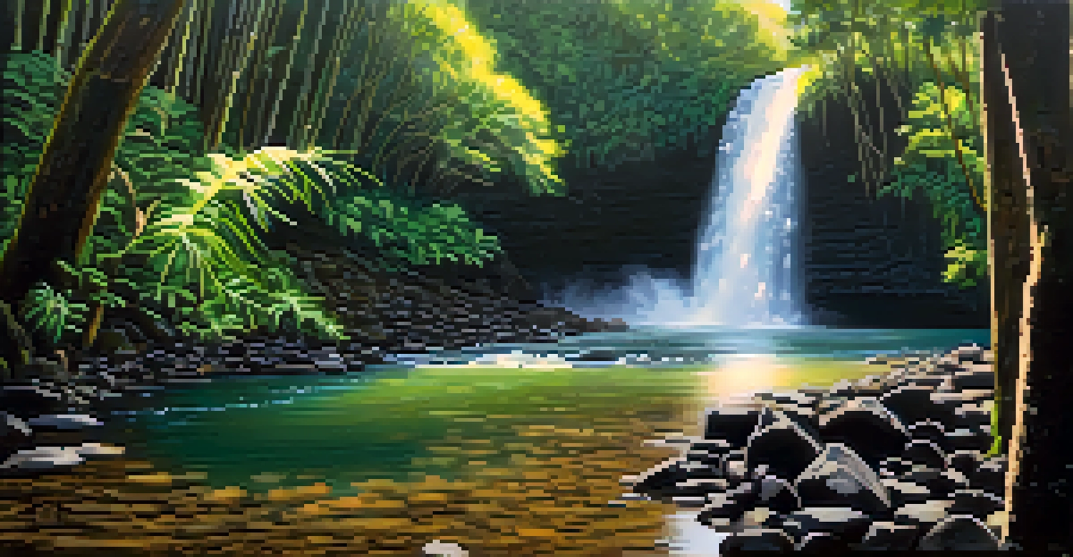 Waimoku Falls cascading into a pool surrounded by bamboo forests, illuminated by sunlight filtering through the trees.