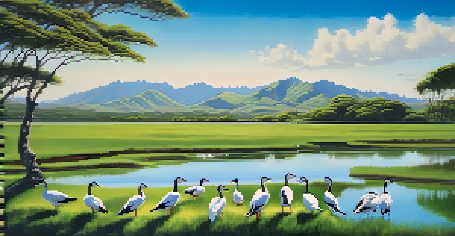 A wide view of Nene geese near a pond in Hawaii, with green hills and a blue sky in the background.