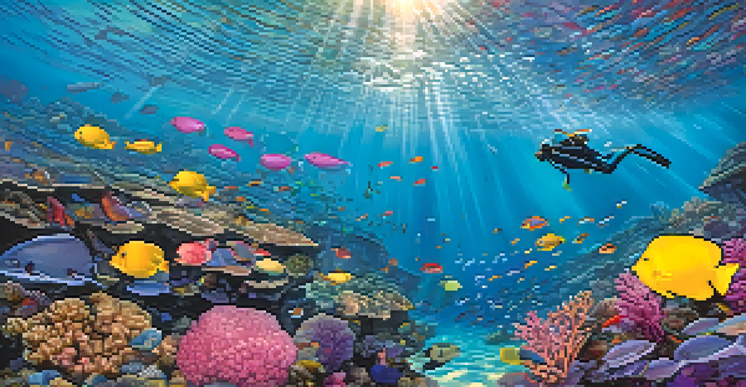 An underwater view of Molokini Crater showcasing colorful corals and various fish species, with a snorkeler observing the marine life.