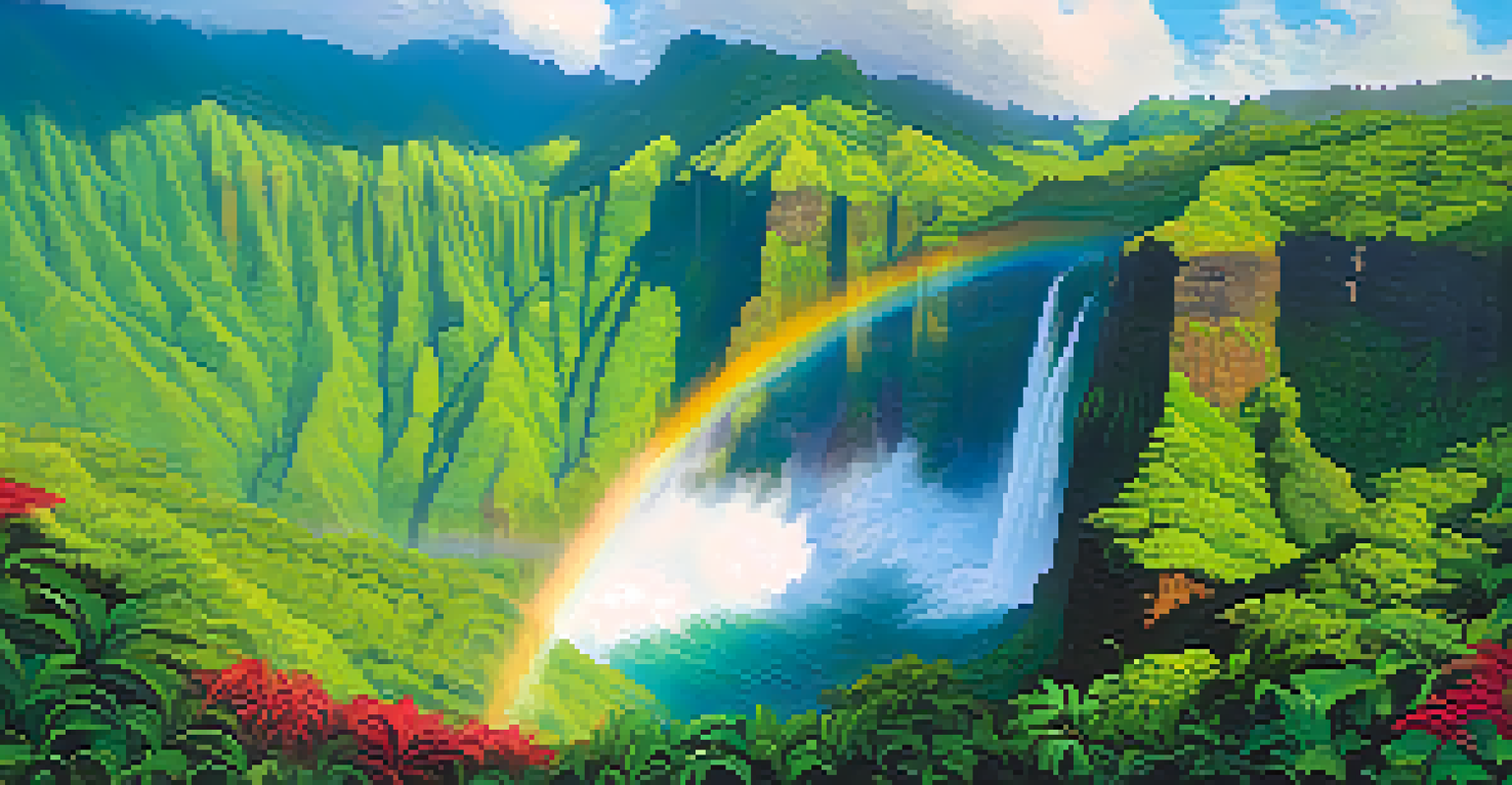 An aerial view showcasing the green mountains of Kauai, with waterfalls and rainforests, and a rainbow in the sky.