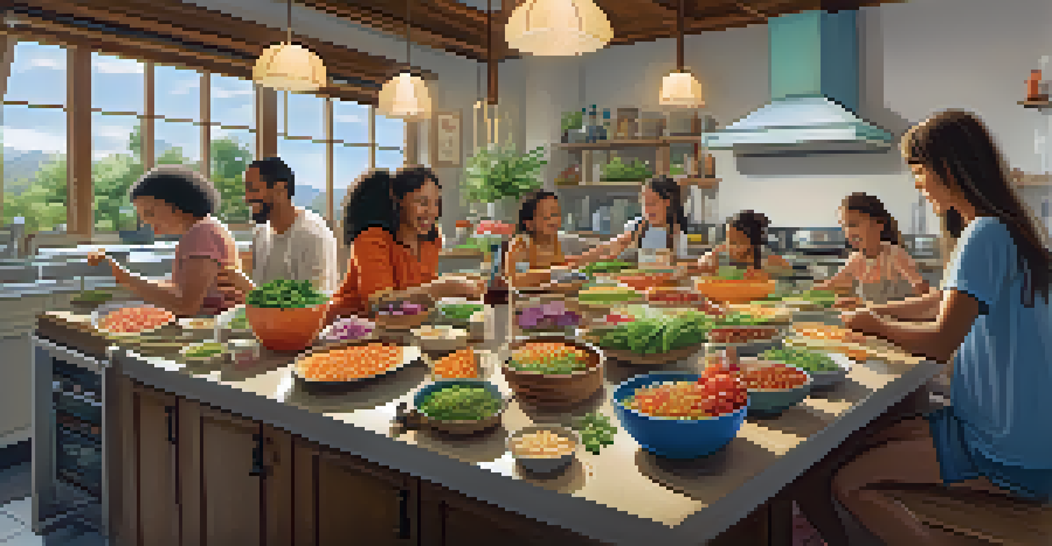 A family joyfully assembling their own poke bowls at a kitchen table filled with colorful fresh ingredients, in a cozy setting with bright natural light.
