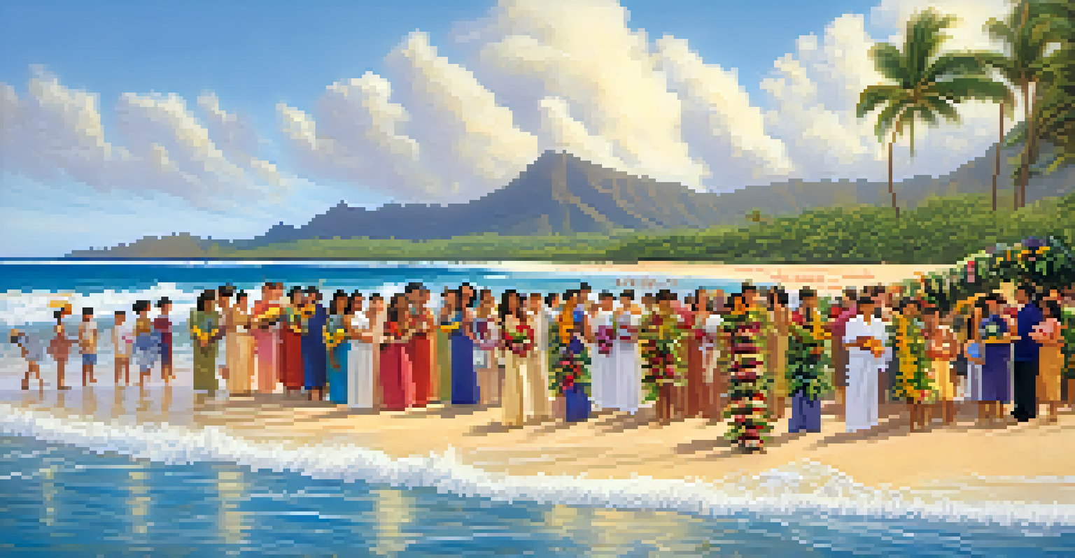 People making and wearing floral leis on a Hawaiian beach during Lei Day, with waves and sand in the background.