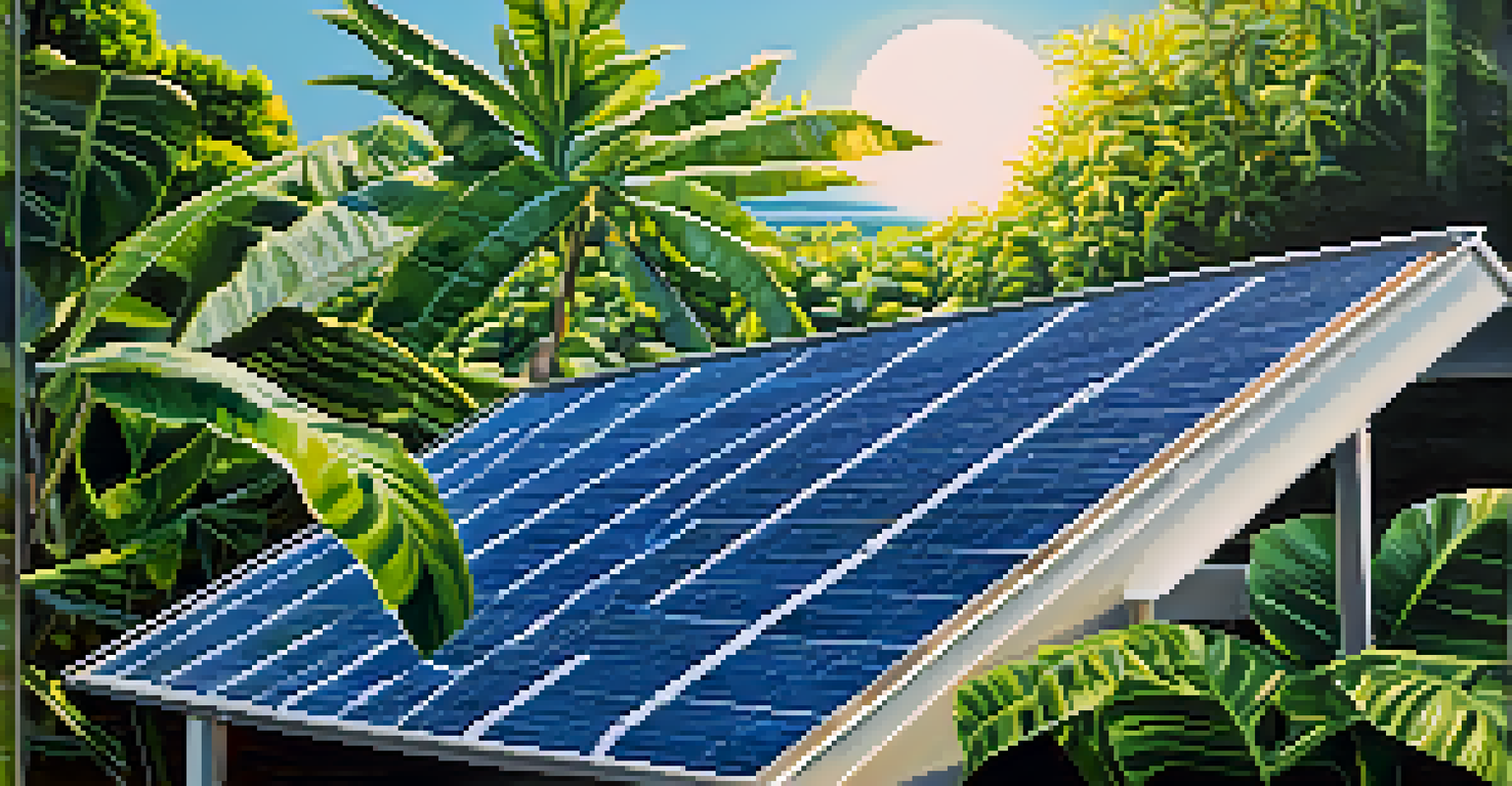 Close-up of a solar panel with sunlight and tropical plants in the background.