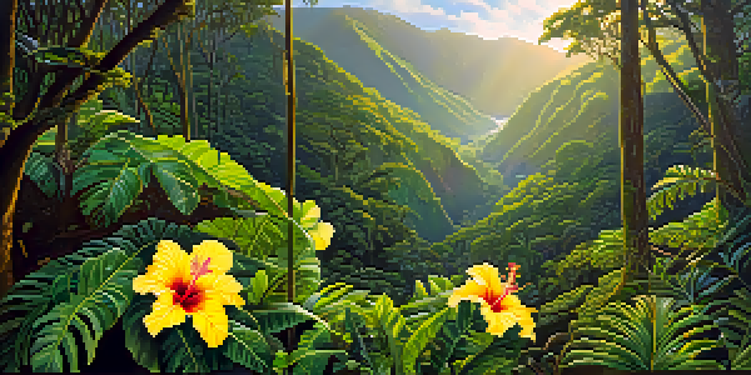 A panoramic view of a lush Hawaiian rainforest with vibrant endemic plants and sunlight filtering through the canopy.
