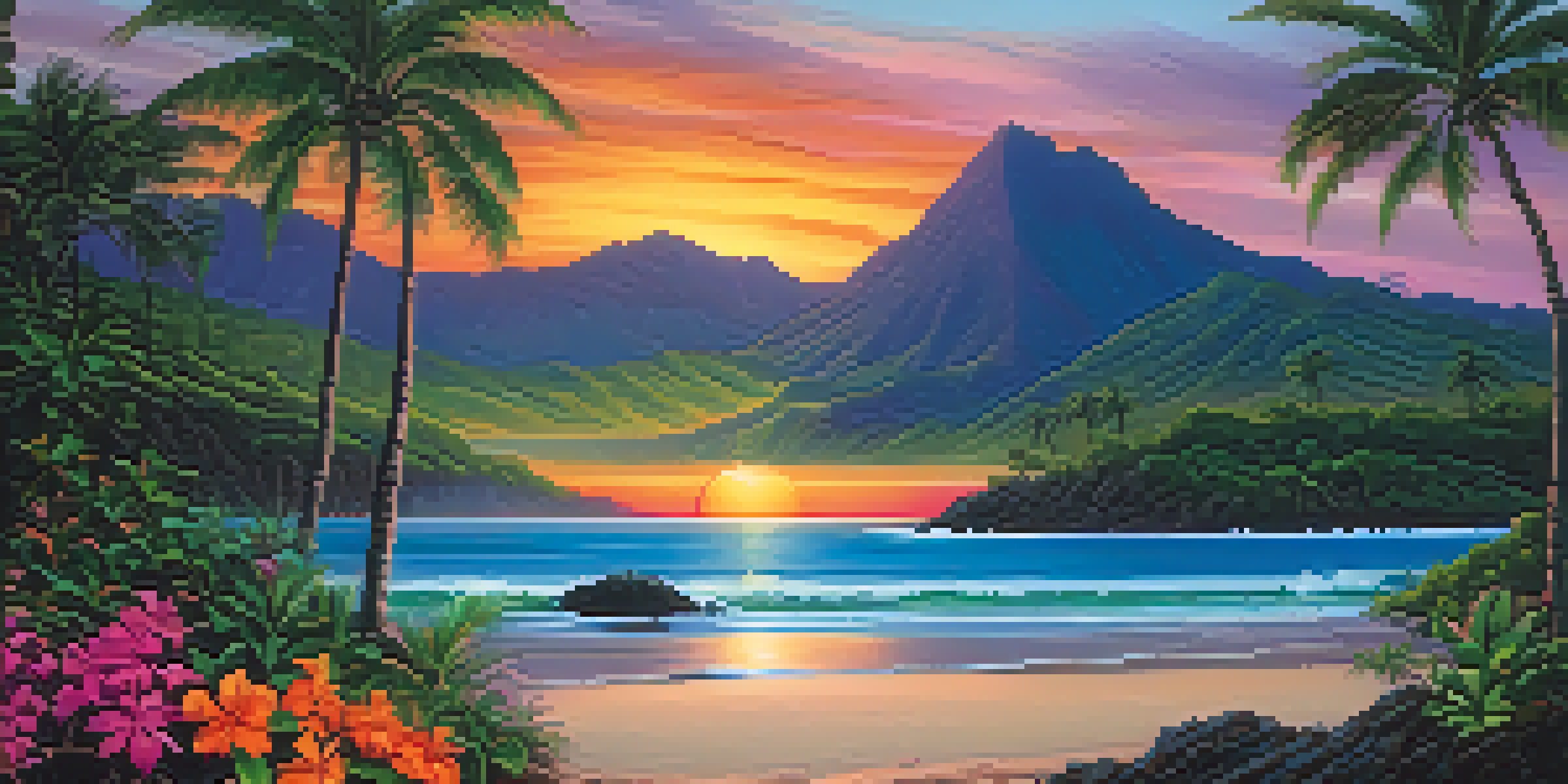 A picturesque Hawaiian landscape featuring green mountains and a beach during sunset with vibrant sky colors.