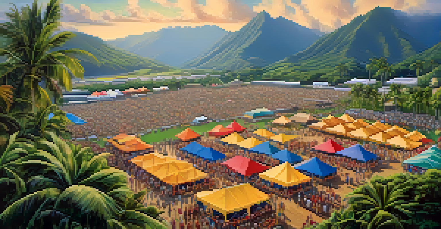 Aerial view of a Hawaiian cultural festival with colorful tents, artisans, and hula dancers, surrounded by mountains.