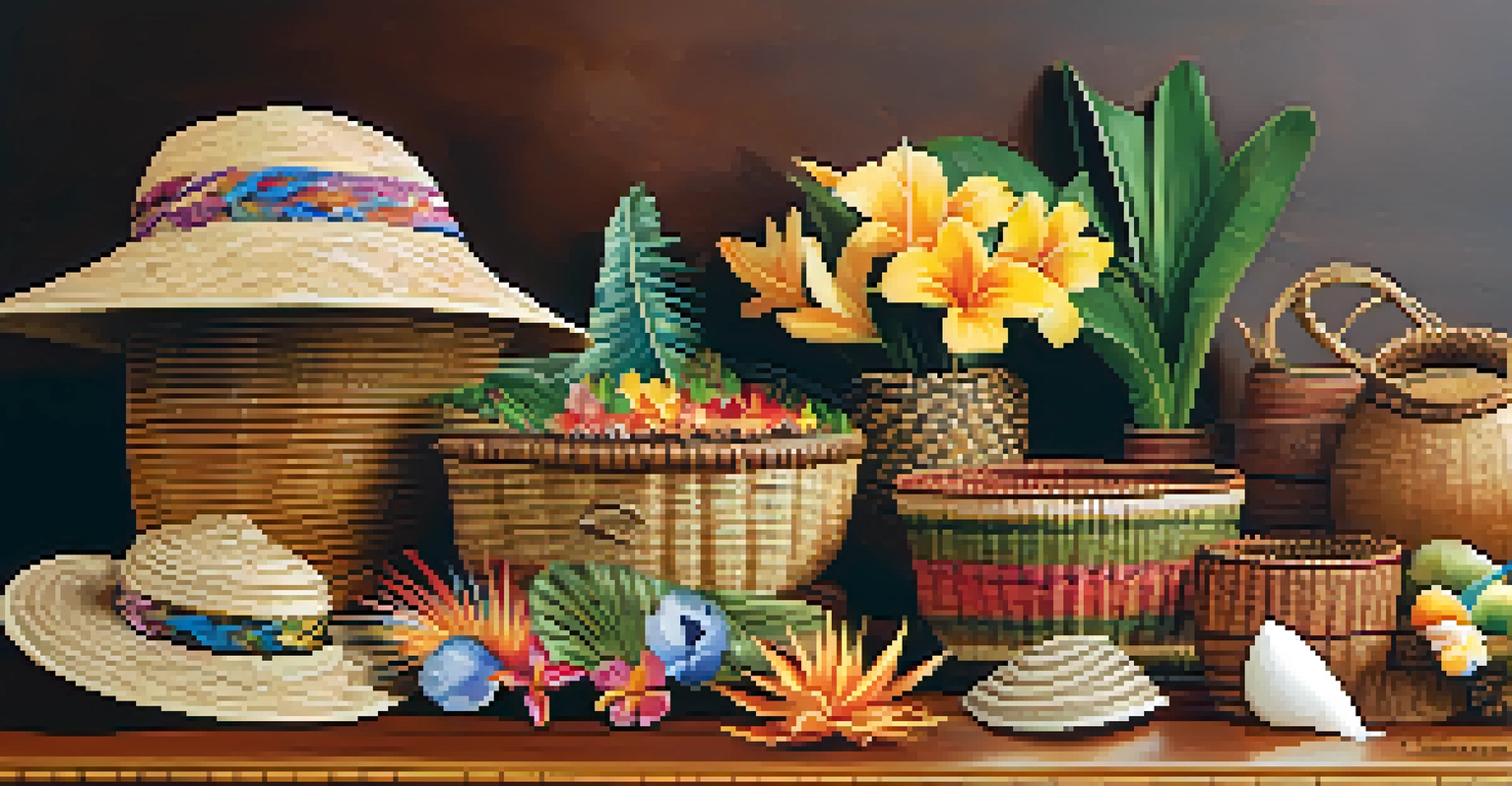 A collection of beautifully woven Hawaiian crafts including hats, leis, and baskets, displayed on a rustic wooden table.