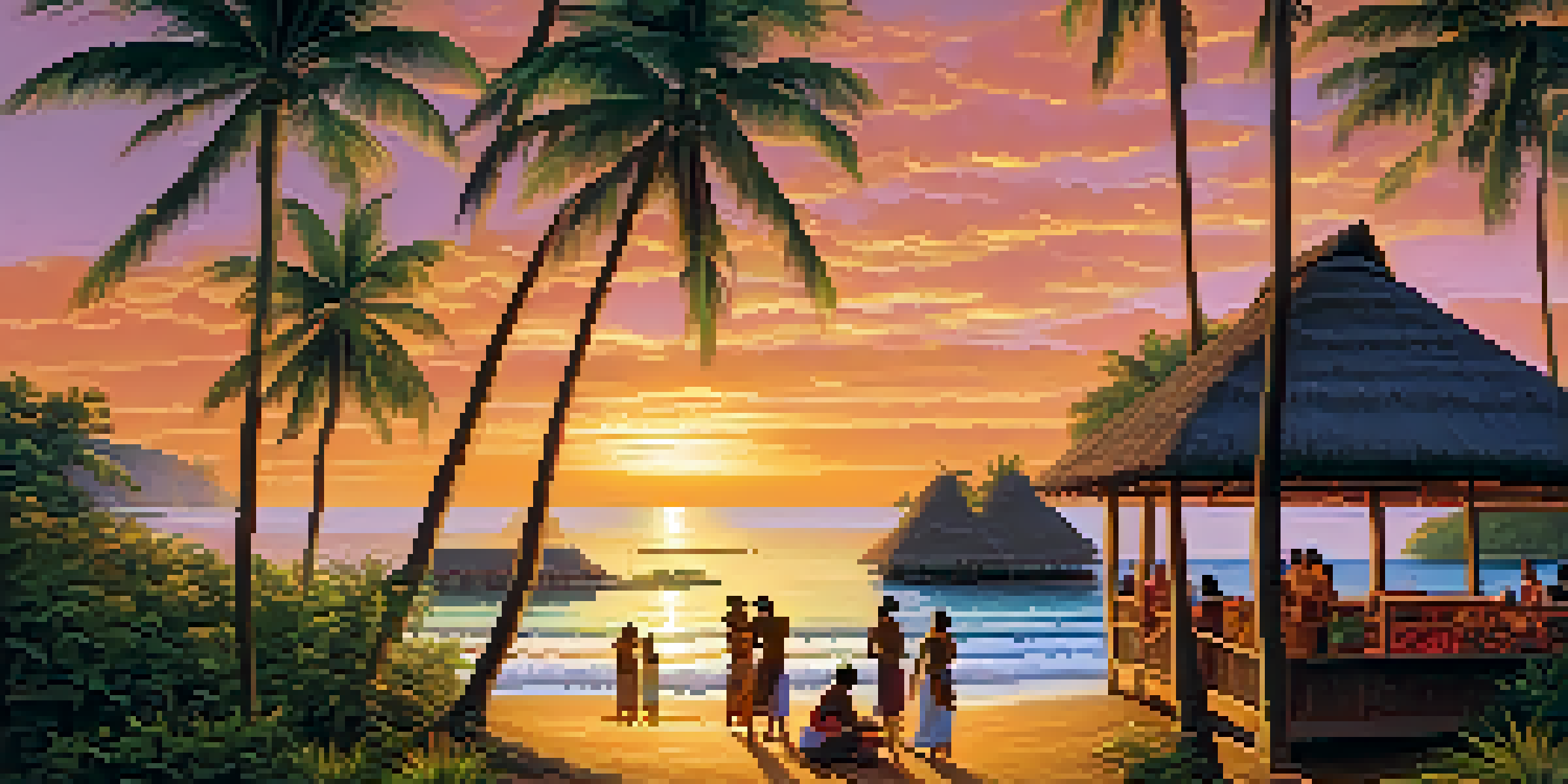 A traditional Polynesian house with a thatched roof, surrounded by tropical plants and a sunset sky, with people gathered in a community setting.