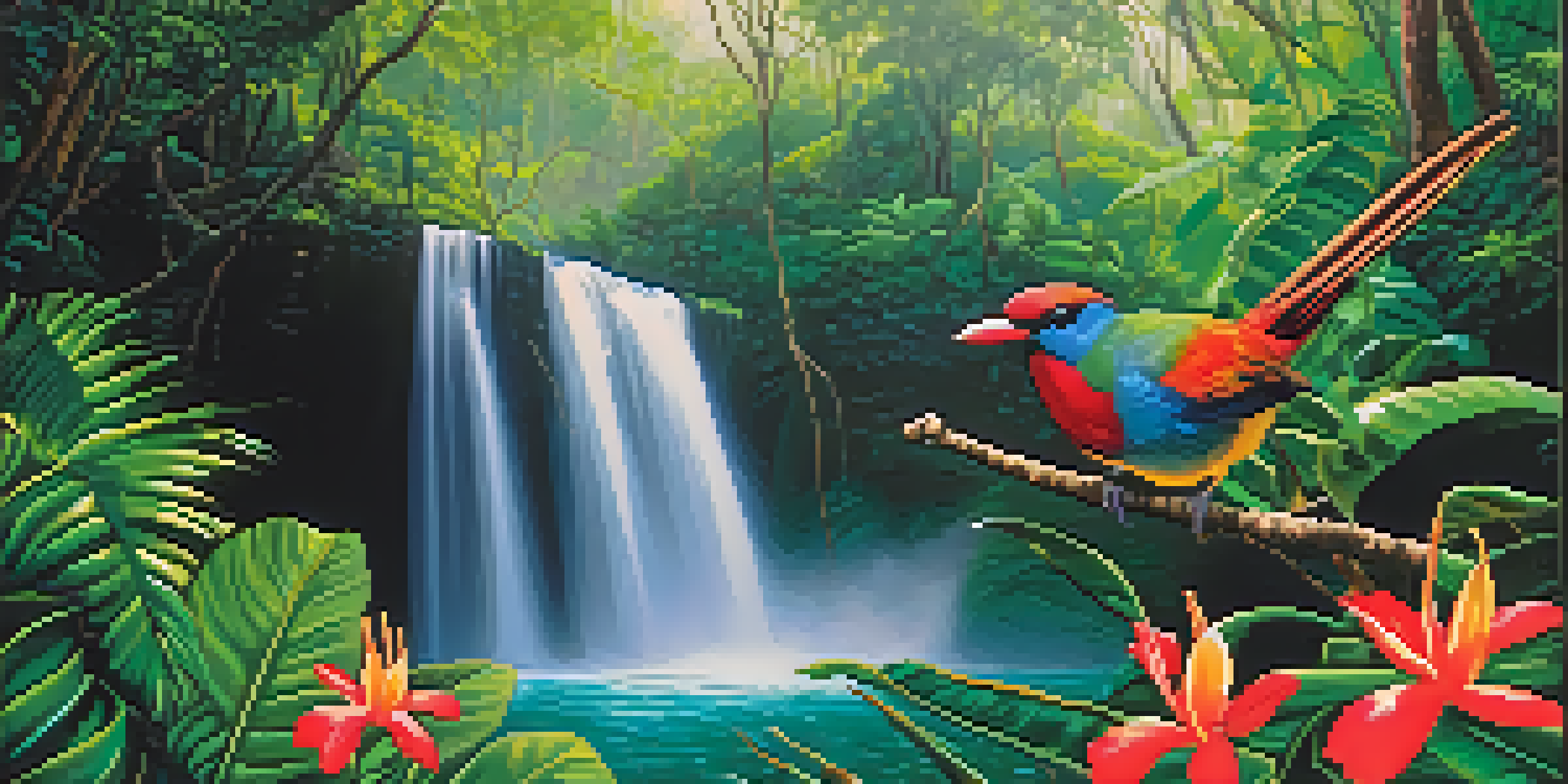 A colorful 'I'iwi bird in a lush Hawaiian rainforest with vibrant flowers and sunlight filtering through the trees.