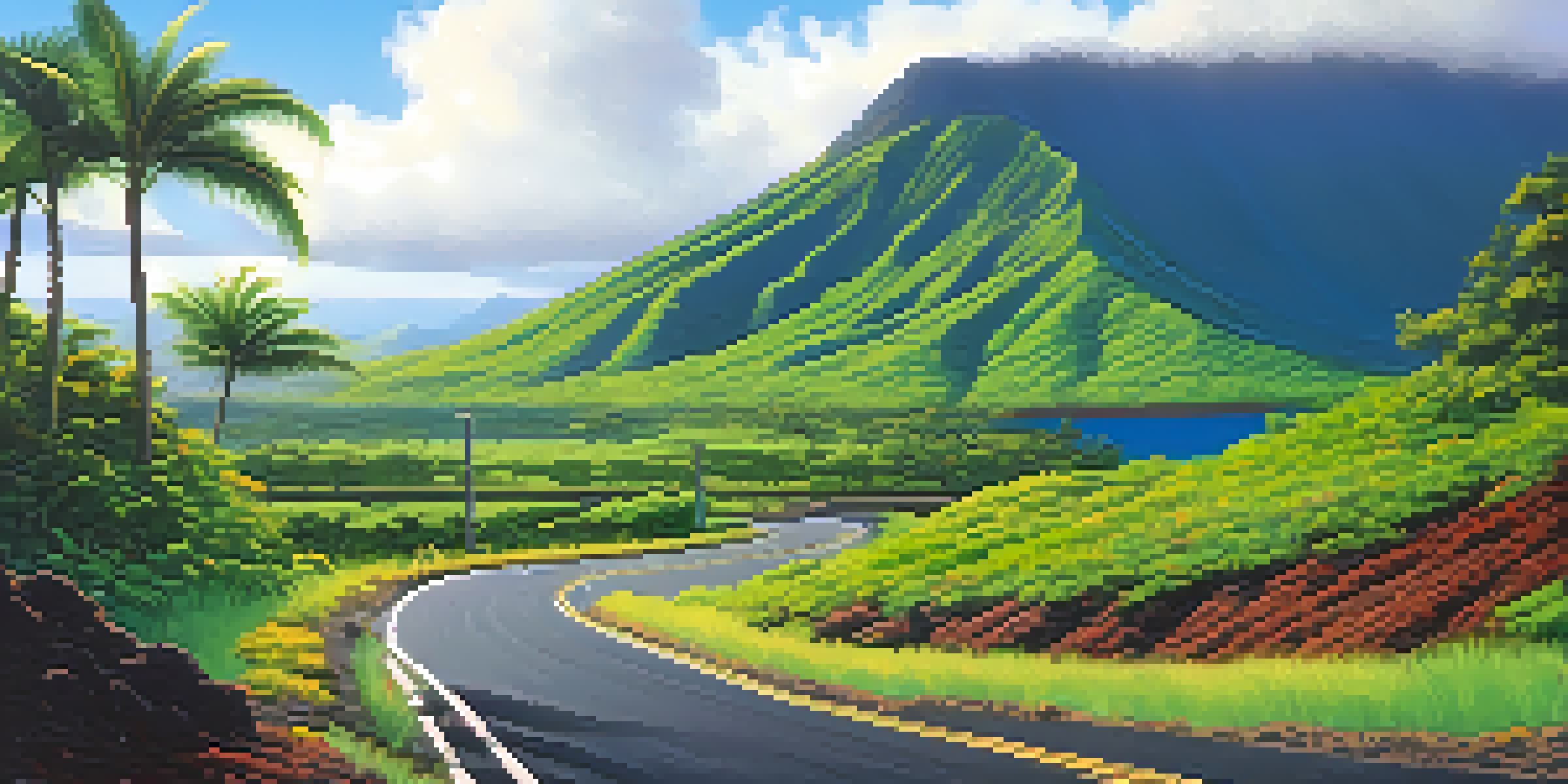 A scenic Hawaiian roadway surrounded by green volcanic landscapes and mountains, with electric vehicles at charging stations.