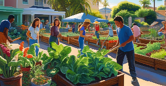 A lively community garden with people of various ages tending to plants and vegetables, surrounded by colorful houses and palm trees.