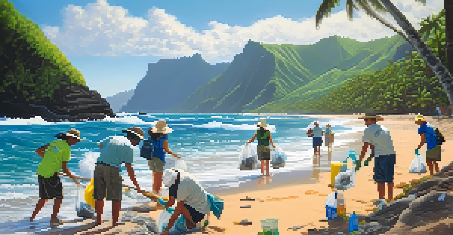 Eco-tourists cleaning a beach in Hawaii, with mountains and ocean in the background.