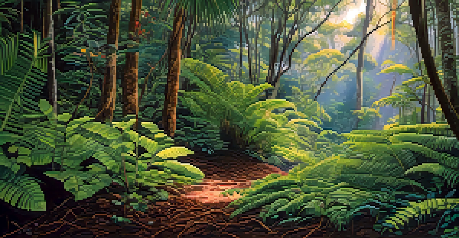 A dense Hawaiian rainforest with unique plants and a Hawaiian honeycreeper bird perched on a branch, illuminated by sunlight.