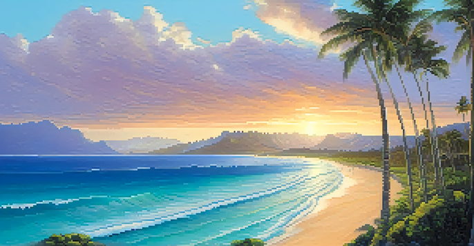 Aerial view of a beautiful Hawaiian beach at sunrise, with golden sunlight on turquoise waters and lush mountains in the background.