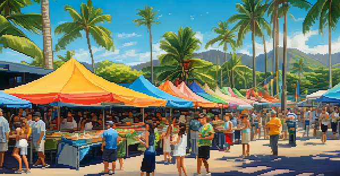 A lively outdoor food festival in Hawaii featuring fusion dishes like poke tacos and sushi burritos, with colorful stalls and people enjoying their meals under palm trees.