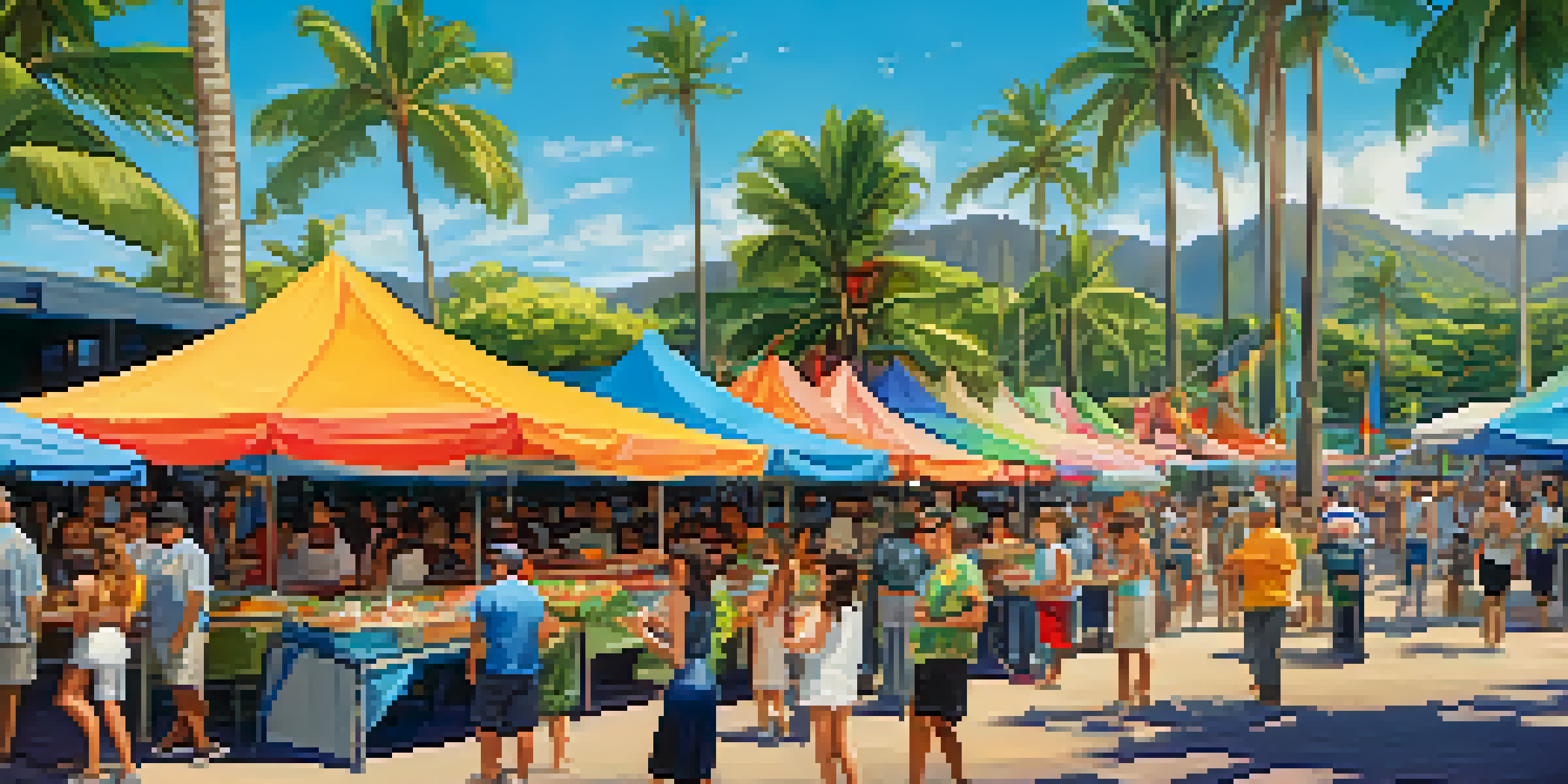 A lively outdoor food festival in Hawaii featuring fusion dishes like poke tacos and sushi burritos, with colorful stalls and people enjoying their meals under palm trees.