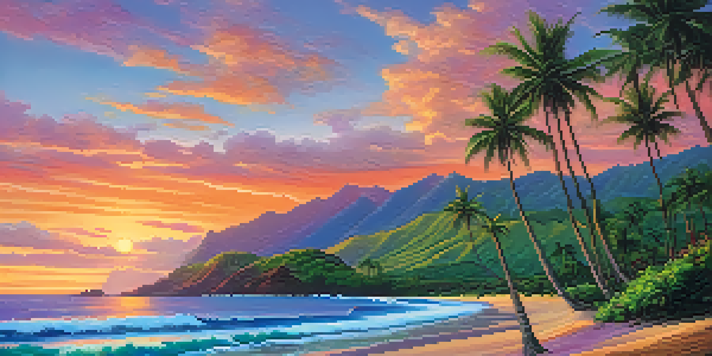 A beautiful Hawaiian landscape during sunset with colorful sky, mountains, and beach.