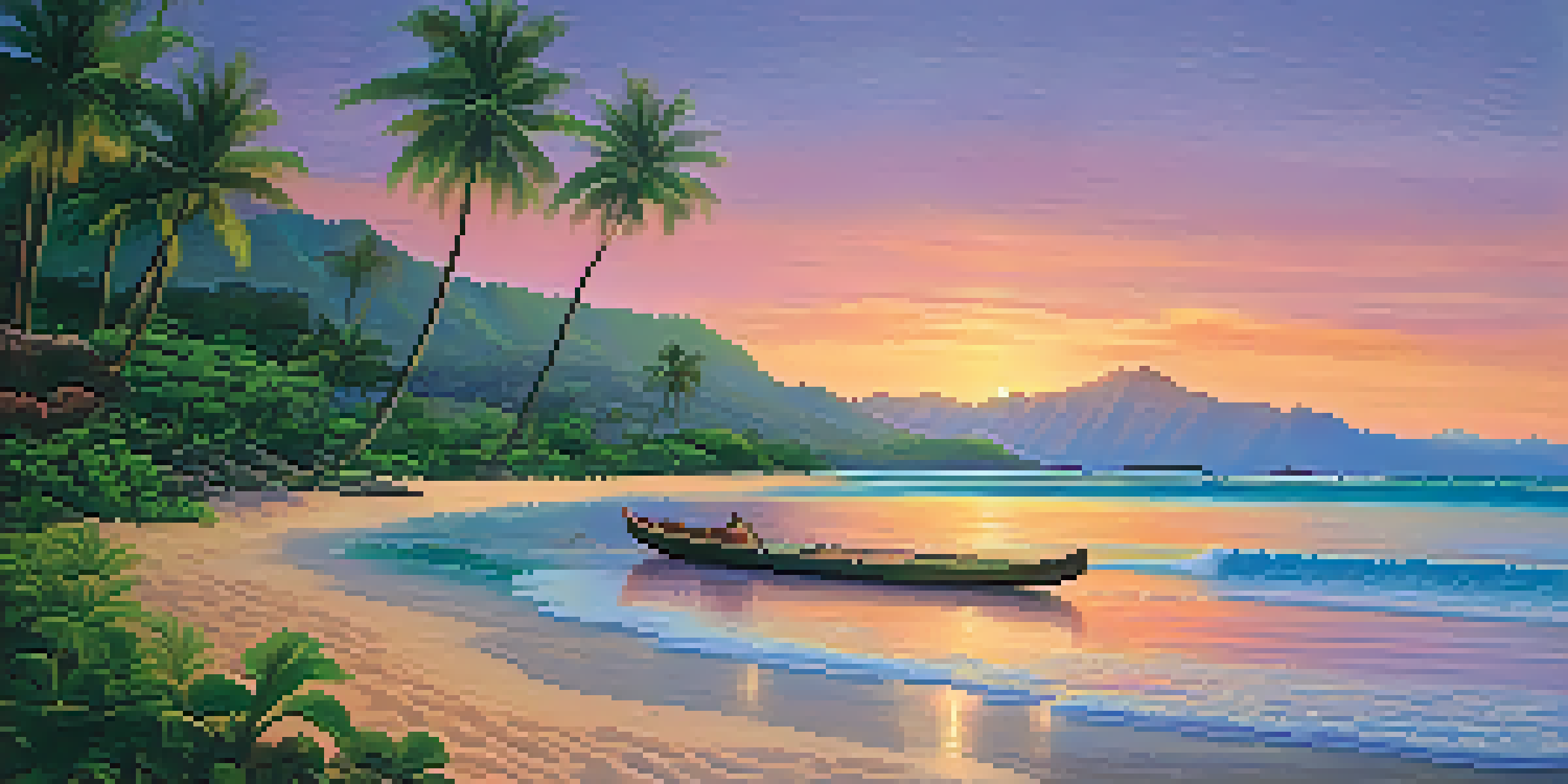 A beautiful Hawaiian landscape at sunset with mountains, tropical plants, and a beach.