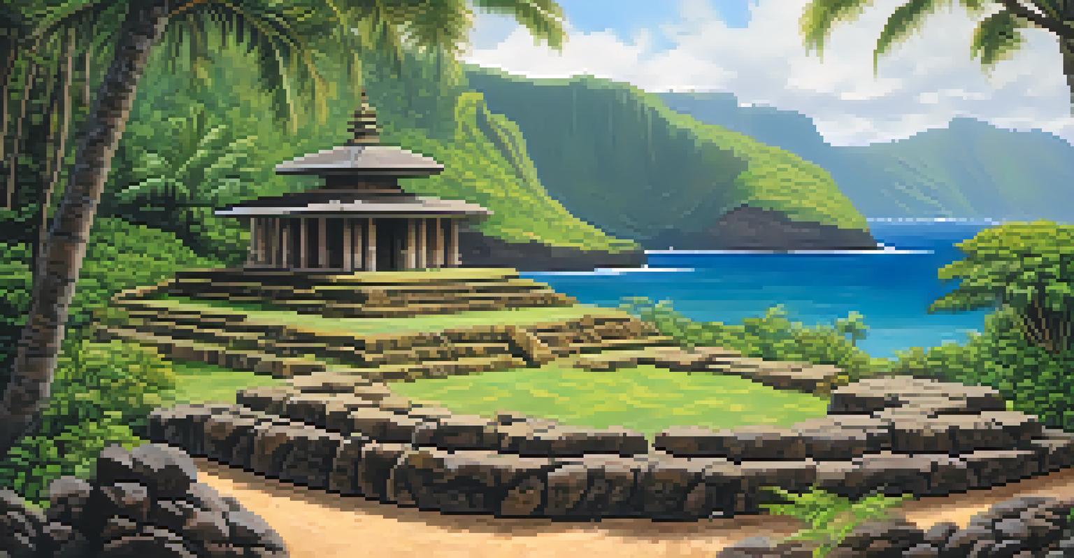 A serene sacred Hawaiian site surrounded by greenery and stone structures, with gentle waves and soft light creating a tranquil atmosphere.