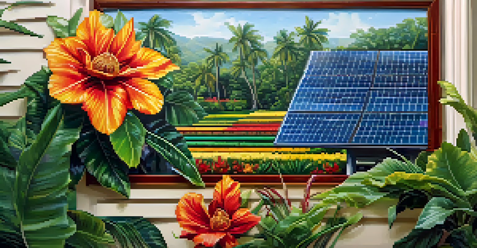 A close-up of a modern solar panel surrounded by tropical flowers, with a blurred community solar project in the background.