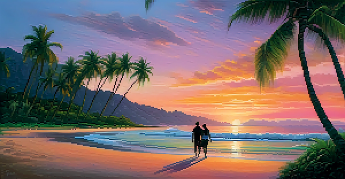 A picturesque Hawaiian beach at sunset with a couple walking on the shore, bright colors in the sky, and palm trees.