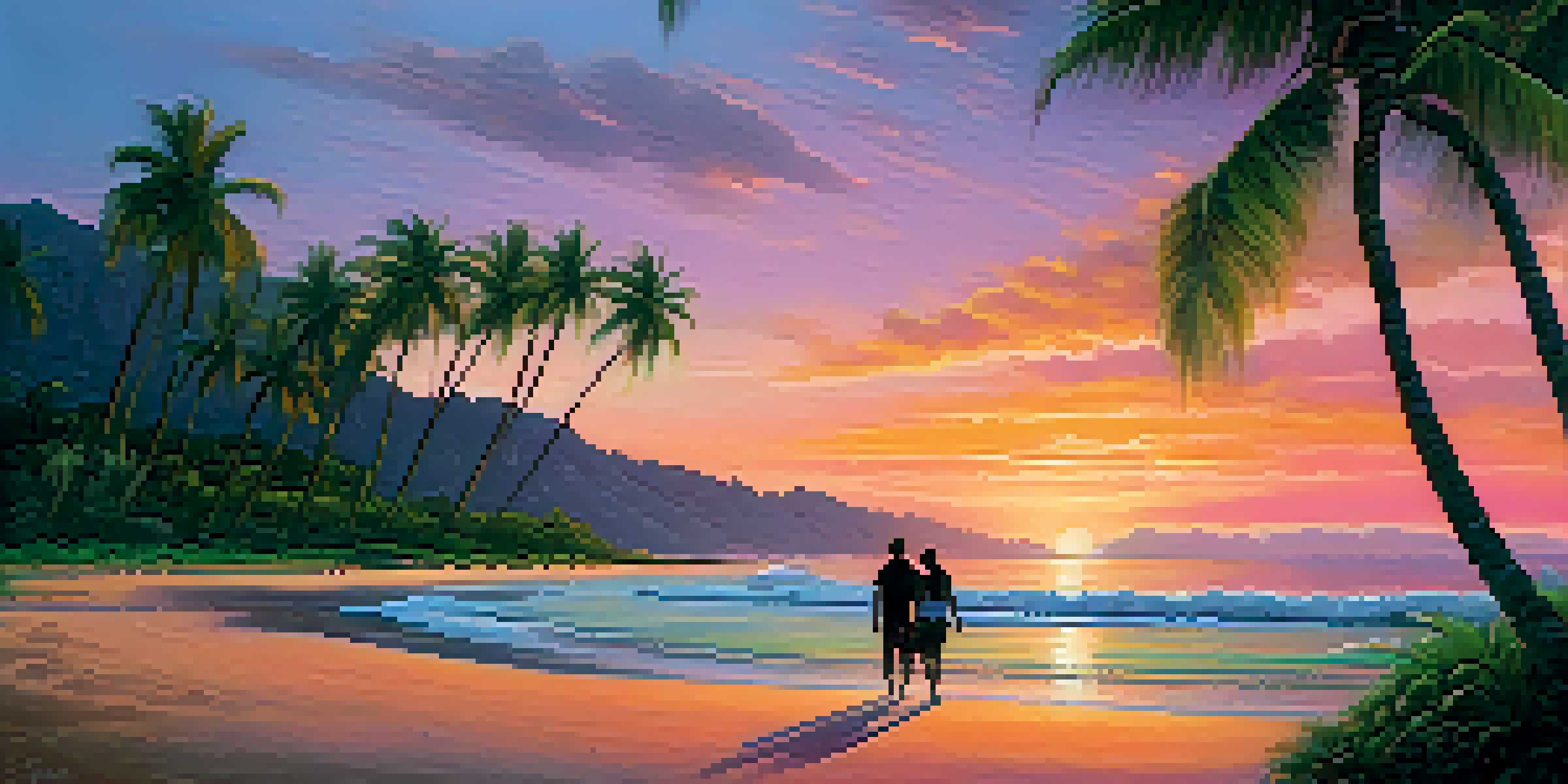 A picturesque Hawaiian beach at sunset with a couple walking on the shore, bright colors in the sky, and palm trees.