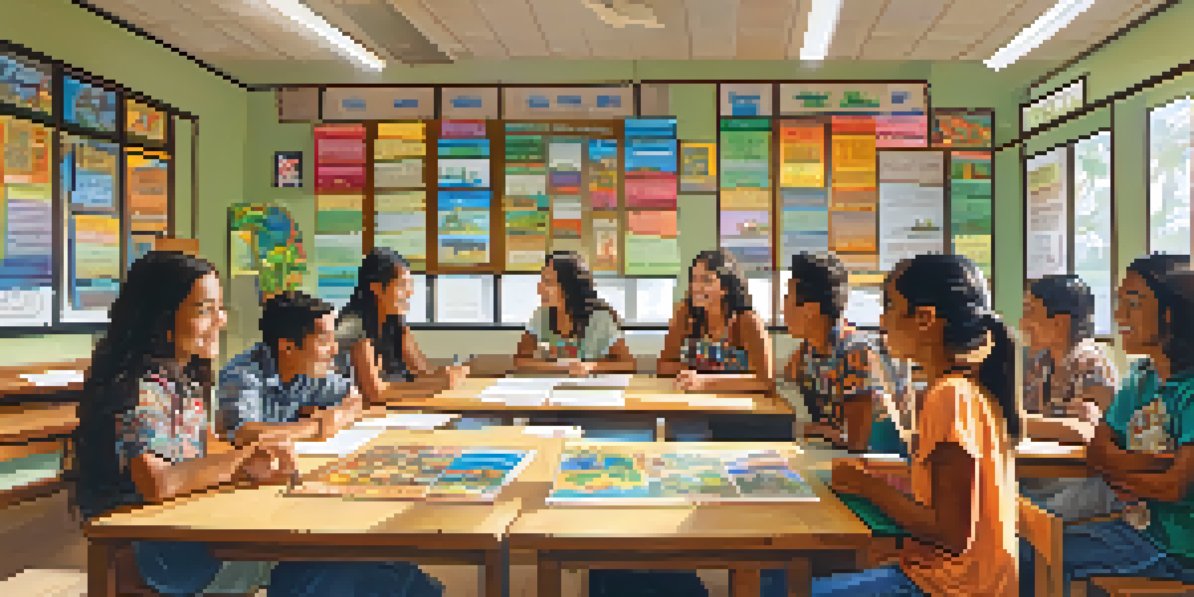 A vibrant classroom with students learning Hawaiian language, filled with colorful educational materials and sunlight.