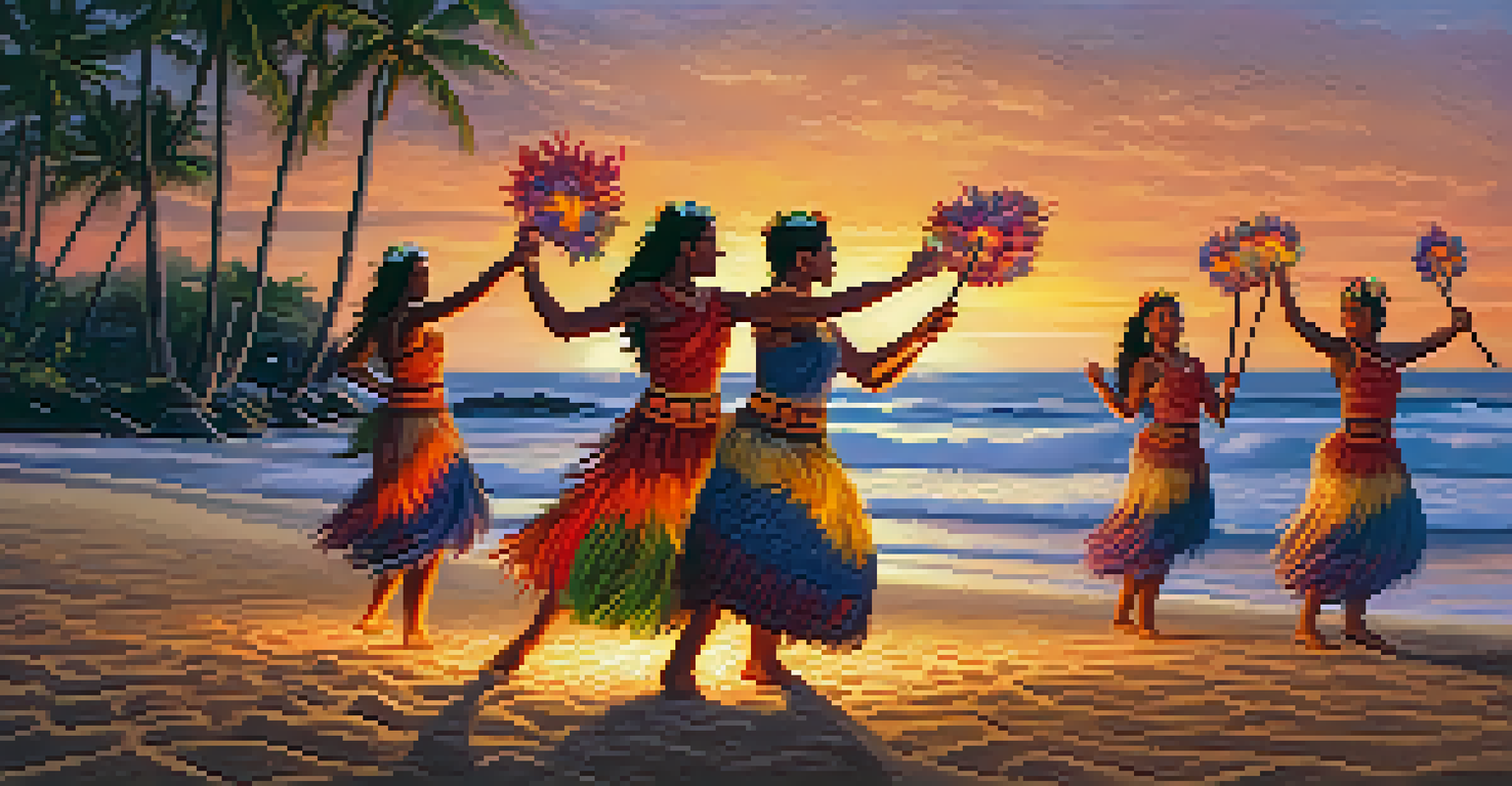 A lively hula dance performance on a beach at twilight, featuring dancers in traditional attire and tiki torches.